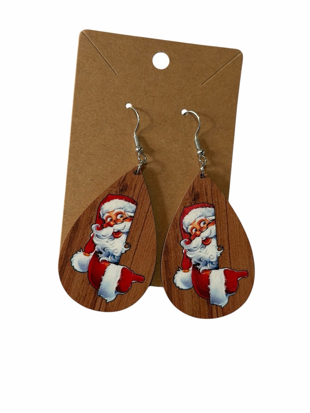 Festive Santa Teardrop Wood-Effect Earrings - Red